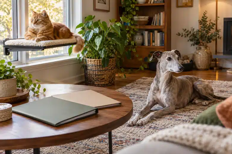 Cat and whippet relaxing in a home with separate pet folders