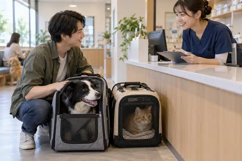 Owner arriving at a clinic with a dog and cat in separate carriers