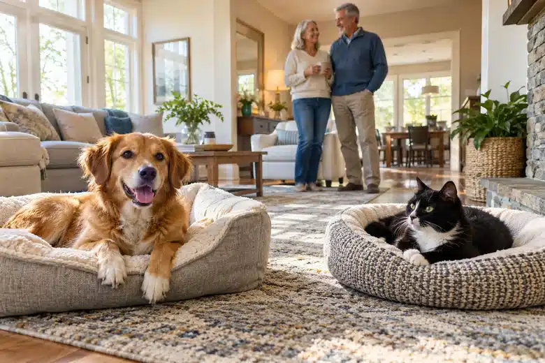 Dog and tuxedo cat in separate beds in a sunny room with an older couple nearby
