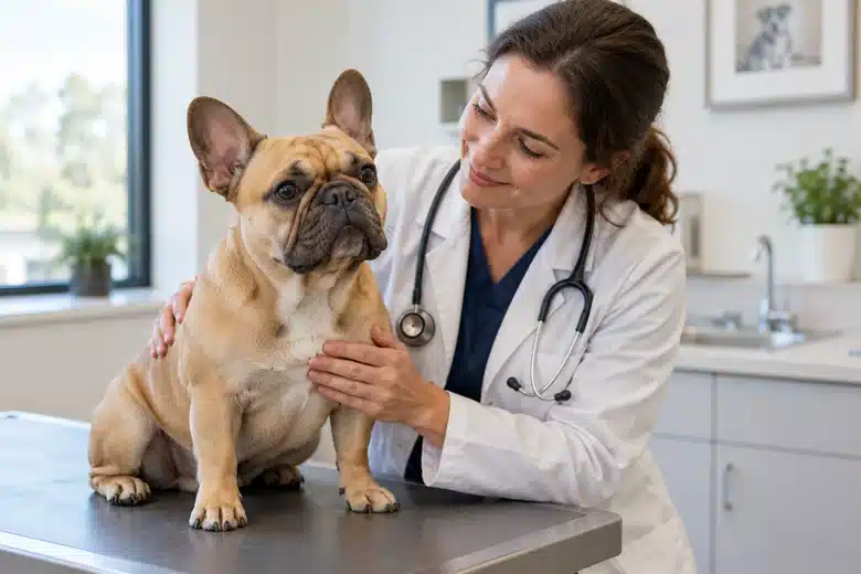 French bulldog with a veterinary clinician in a consultation room
