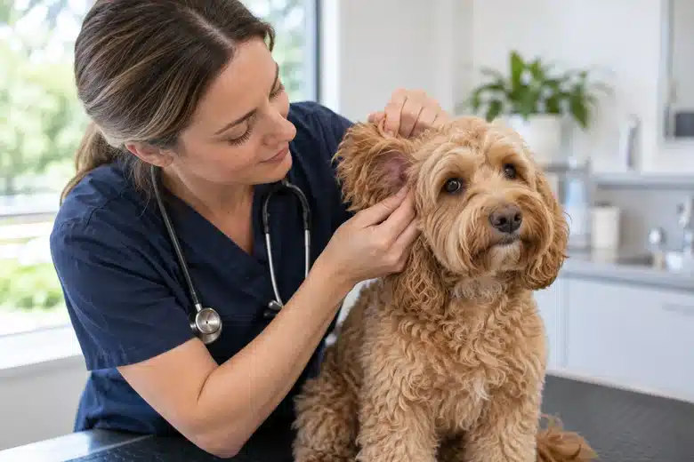 Apricot Cockapoo having its external ear gently checked by a veterinarian