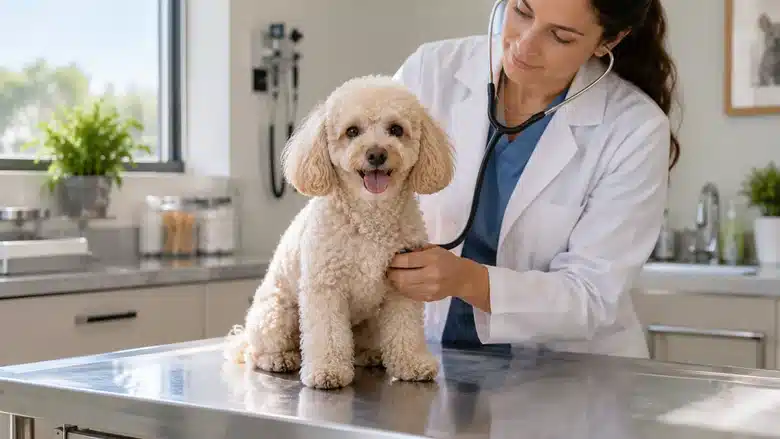 Cream Toy Poodle examined by a veterinarian in a clinic