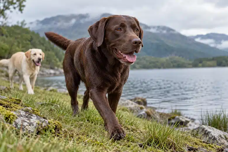 Chocolate Labrador walking beside a grassy lakeshore with another Labrador in the distance