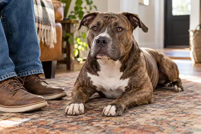 Brindle pit bull-type dog resting calmly on a rug at home