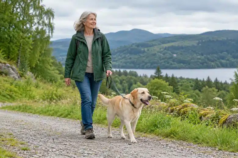 Yellow Labrador walking on a gravel path beside a woman in a green jacket overlooking a wooded lake