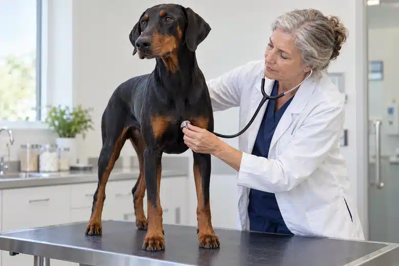 Illustrative scene: Doberman receiving a veterinary chest examination