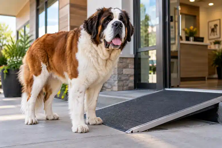 A Saint Bernard at a low-access clinic entrance puts large-dog care planning in context