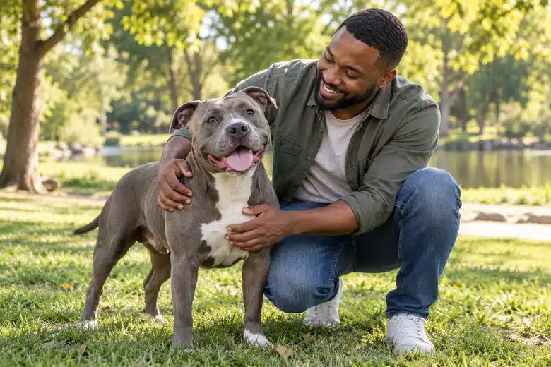 Pit Bull Terrier with uncropped ears beside its owner in a park
