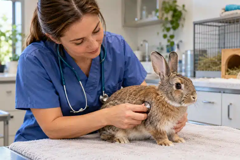 Rabbit receiving an examination by an exotic-pet veterinarian