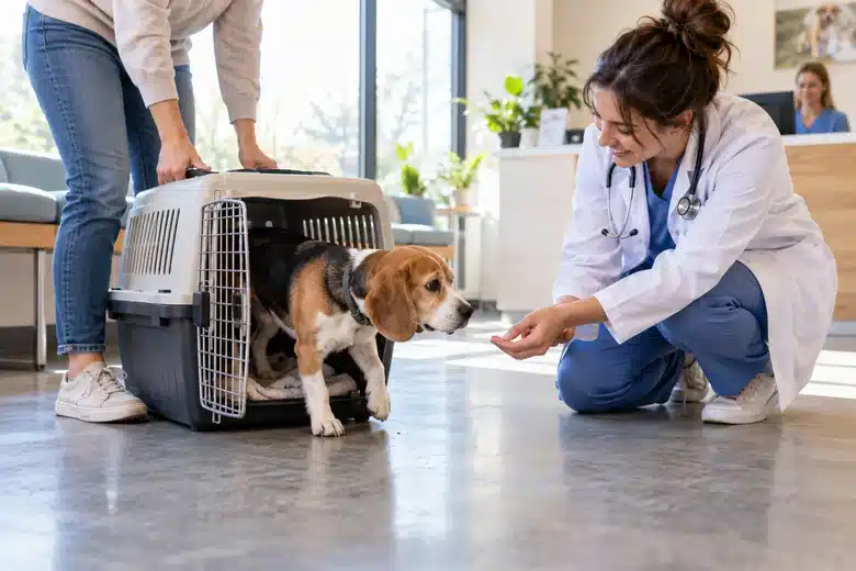 Beagle entering a veterinary reception from a crate