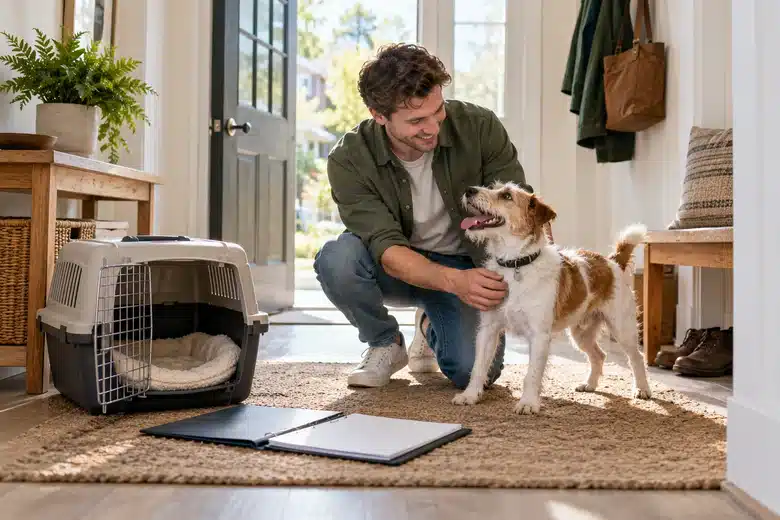 Man kneeling with a terrier beside an open carrier and folder