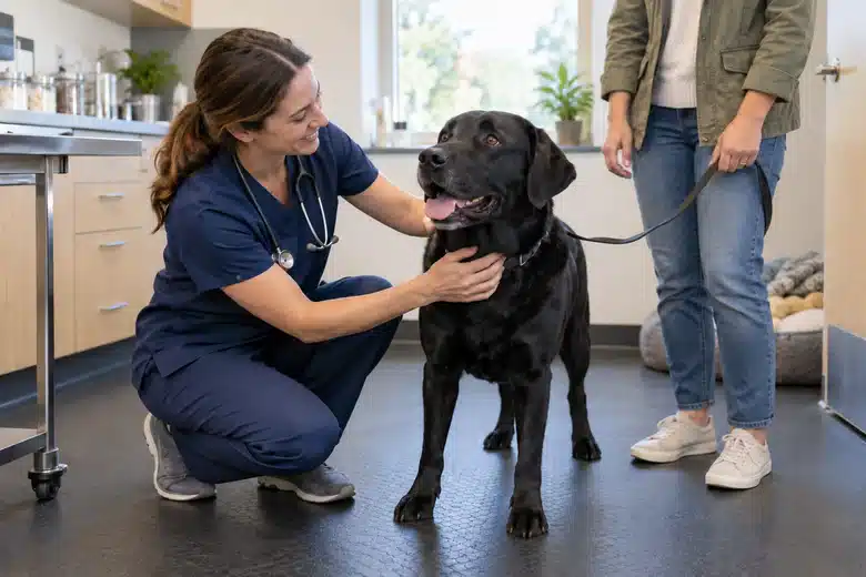 Veterinarian greeting a black Labrador in a bright clinic room