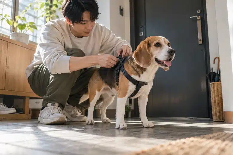 Man adjusting a beagle’s harness near an apartment doorway