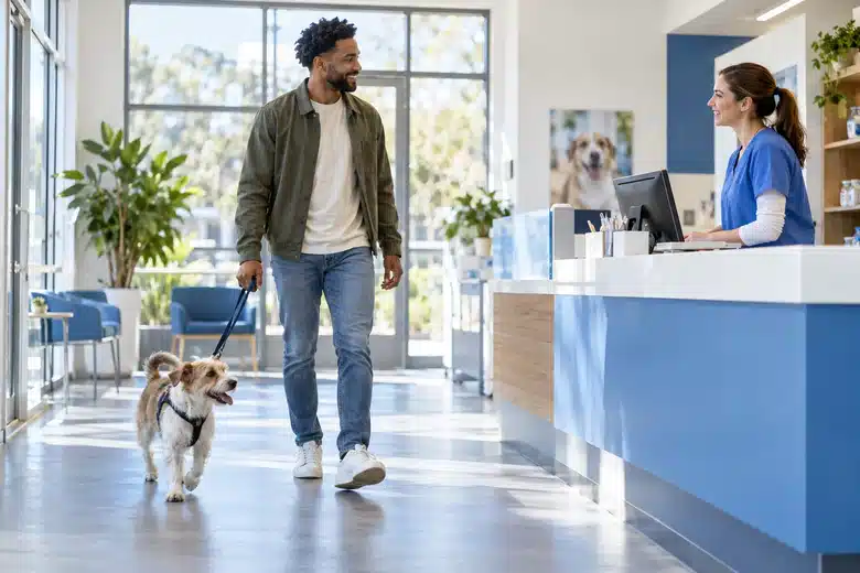 A dog owner arrives at a veterinary reception