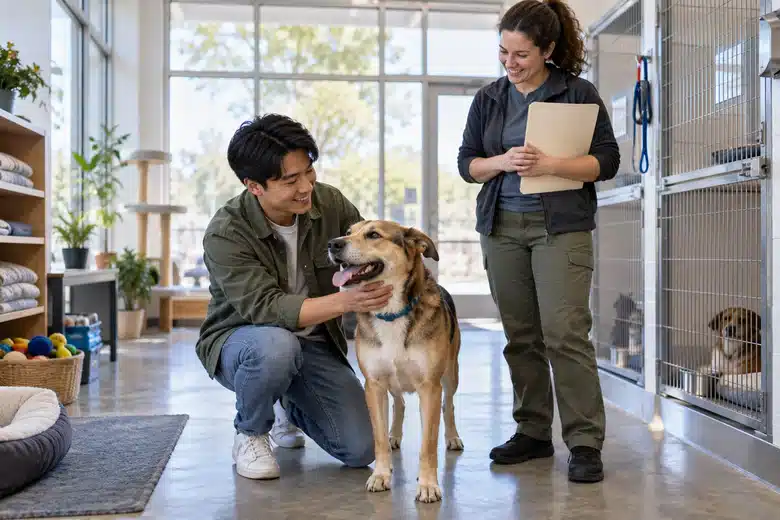 Adopter kneels beside an adult dog in a shelter room