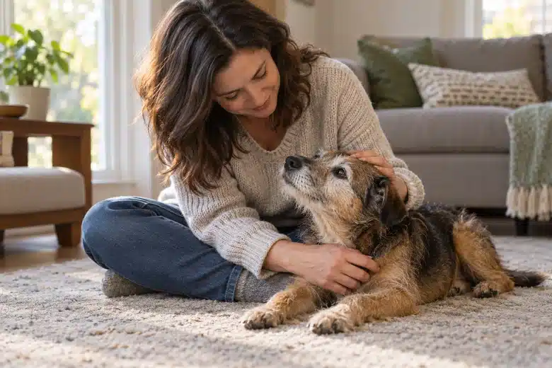 Woman on a living-room carpet gently petting a grey-muzzled terrier