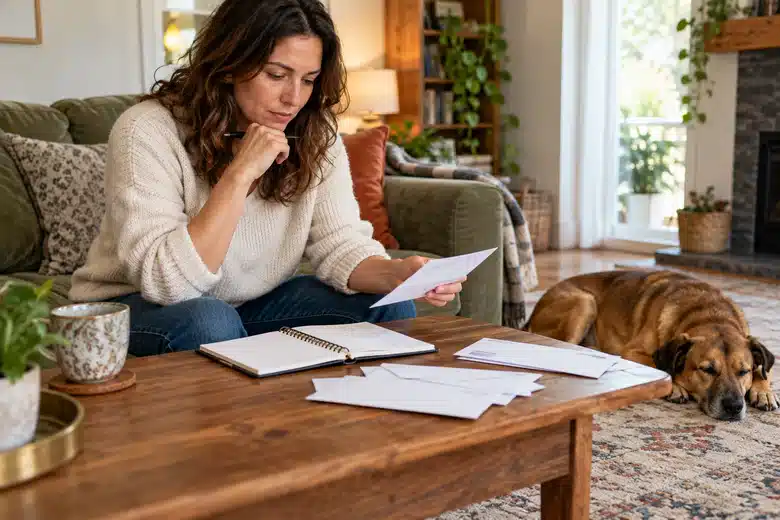 Owner reviewing household papers with a brown dog asleep nearby