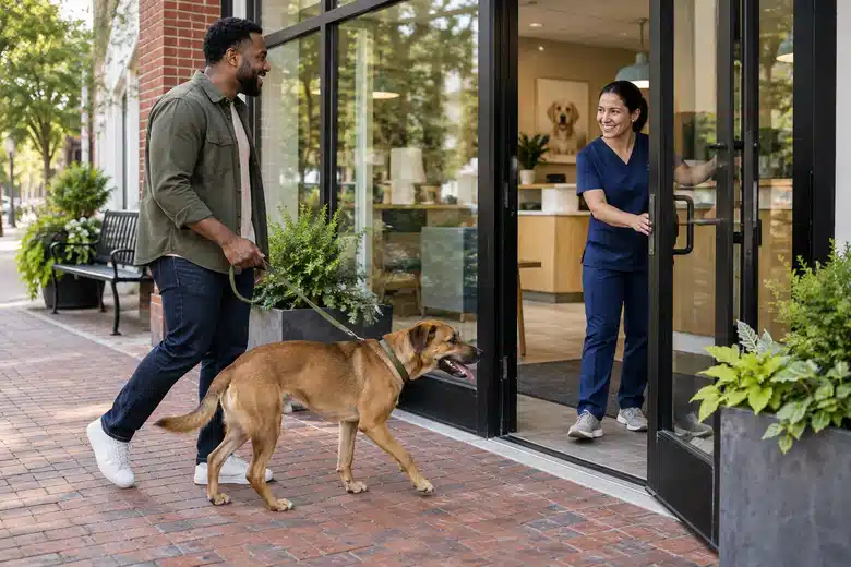 Dog and owner approaching a neighborhood veterinary clinic
