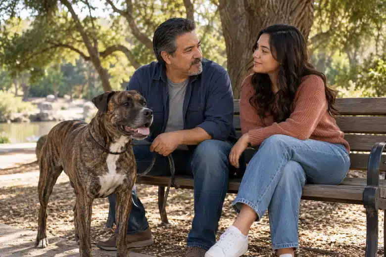 Two adults talking on a shaded park bench beside a brindle dog on a plain leash