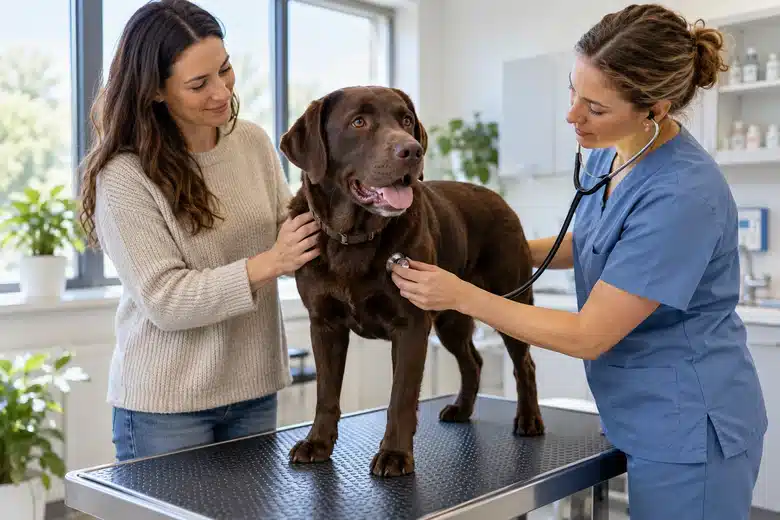 Veterinarian examining a chocolate Labrador with a stethoscope beside its owner