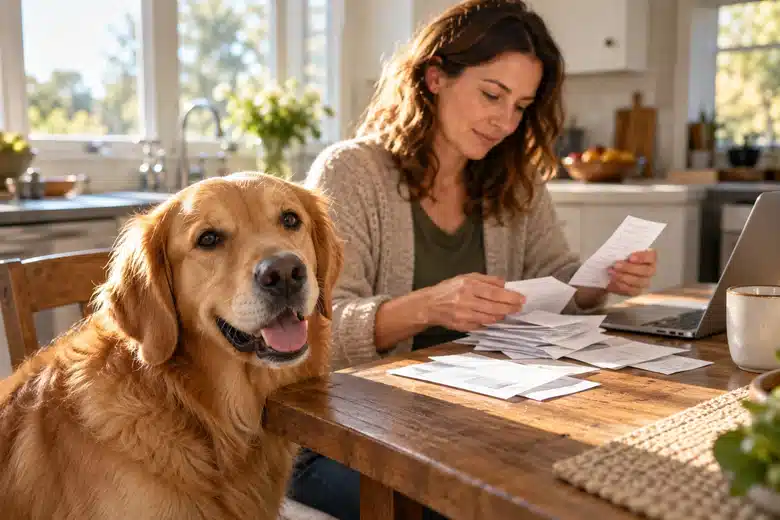 Golden retriever beside an owner organizing veterinary receipts at home