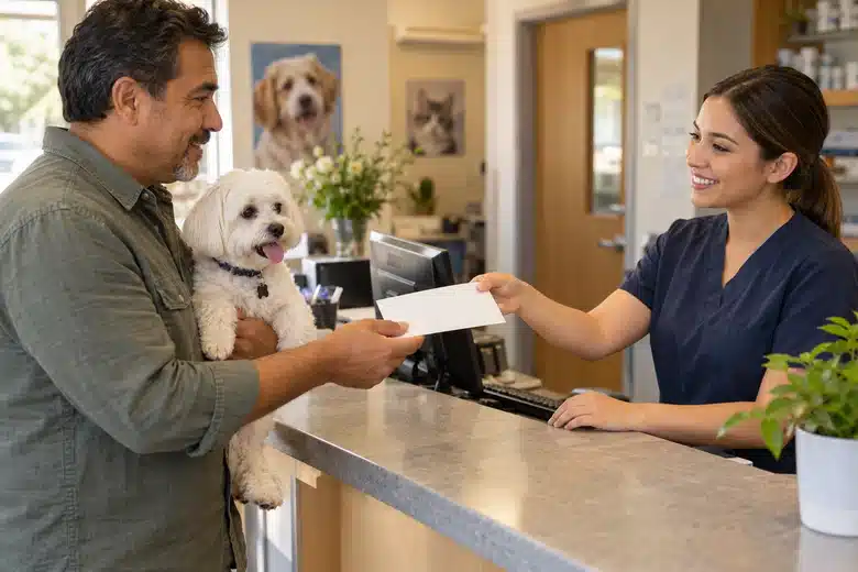 Man holding a small white dog receiving an envelope at a clinic desk