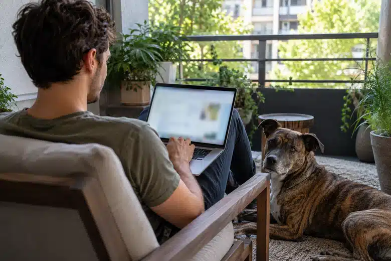 Man using a laptop on a balcony with his brindle dog beside him