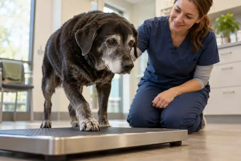 Silver-muzzled dog approaching a low veterinary weighing platform