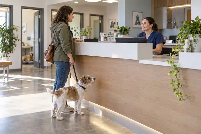 A terrier and owner wait at an unbranded veterinary reception