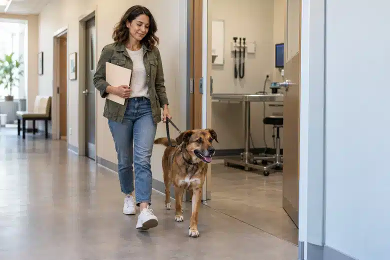 Owner and brown dog leaving a veterinary room with a folder