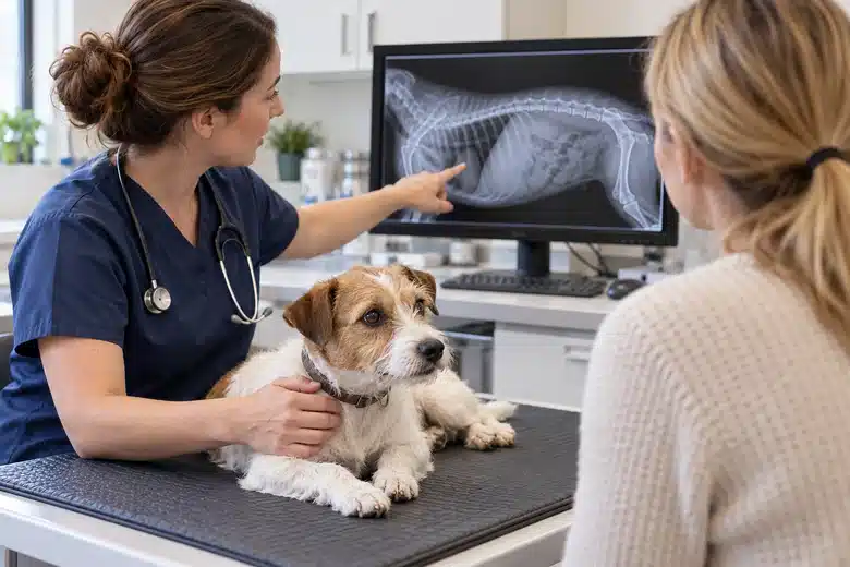 Dog owner and veterinarian reviewing an unmarked diagnostic monitor beside a terrier