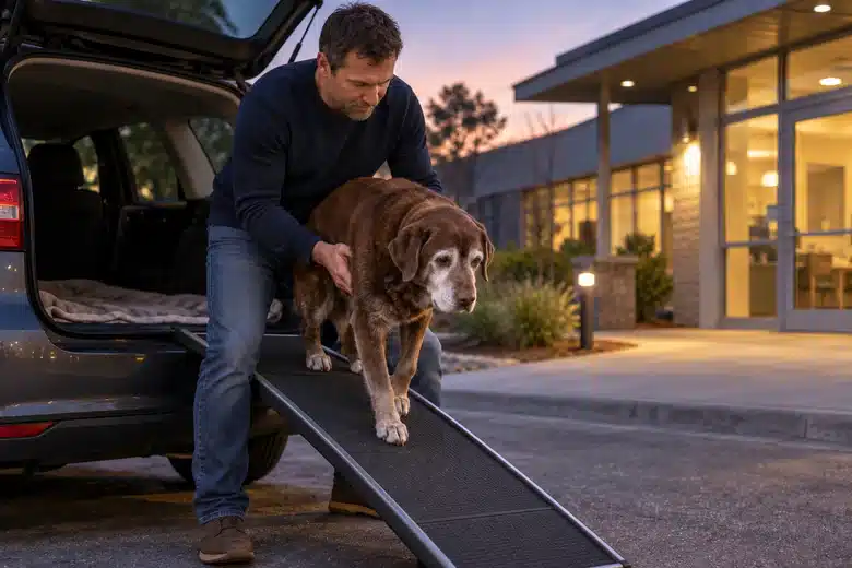 Owner helping a senior brown dog down a plain ramp outside a clinic at dusk
