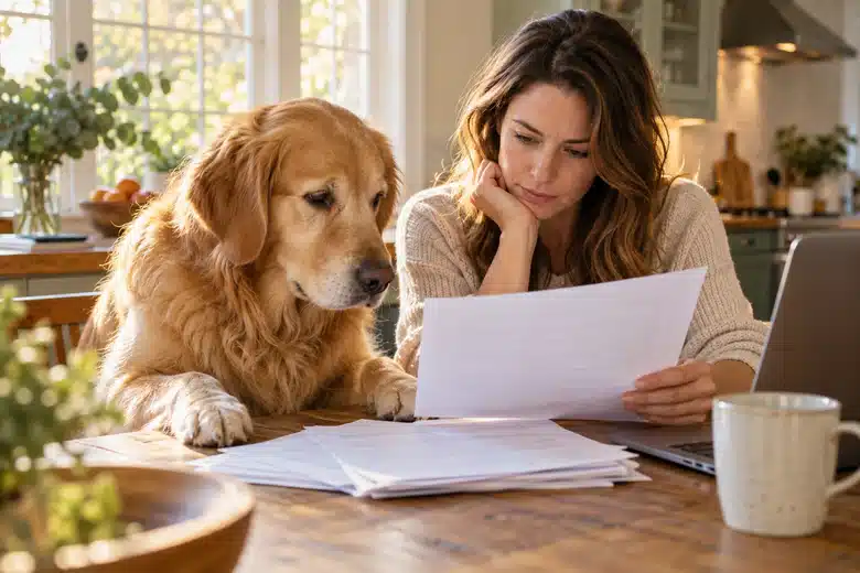 Golden retriever beside an owner checking documents at a kitchen table