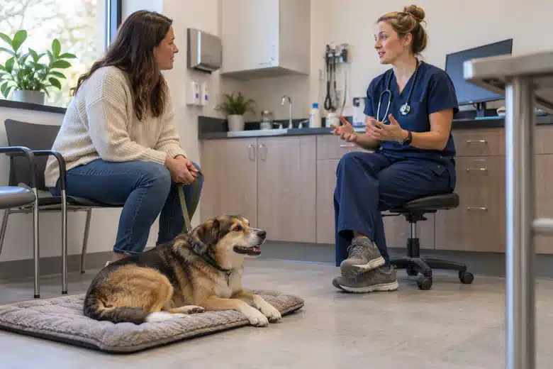 A calm consultation helps connect the dog’s care history with practical insurance questions