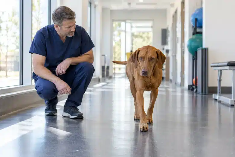 A veterinarian observes a brown dog walking through a clinical hallway