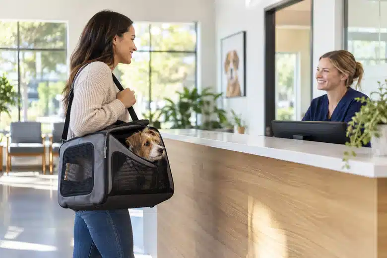 Dog carrier at a neighborhood veterinary reception