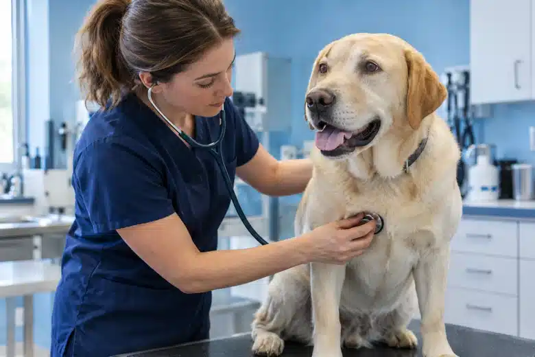 Veterinarian listens to a Labrador’s chest in an examination room