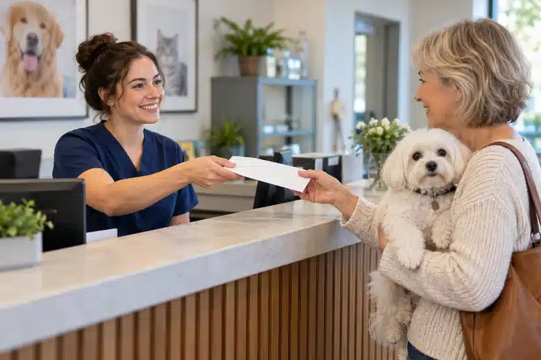 Owner with a small dog receiving an envelope at a clinic