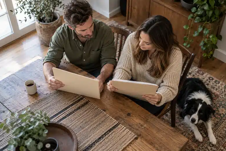 Couple comparing folders while a border collie rests nearby