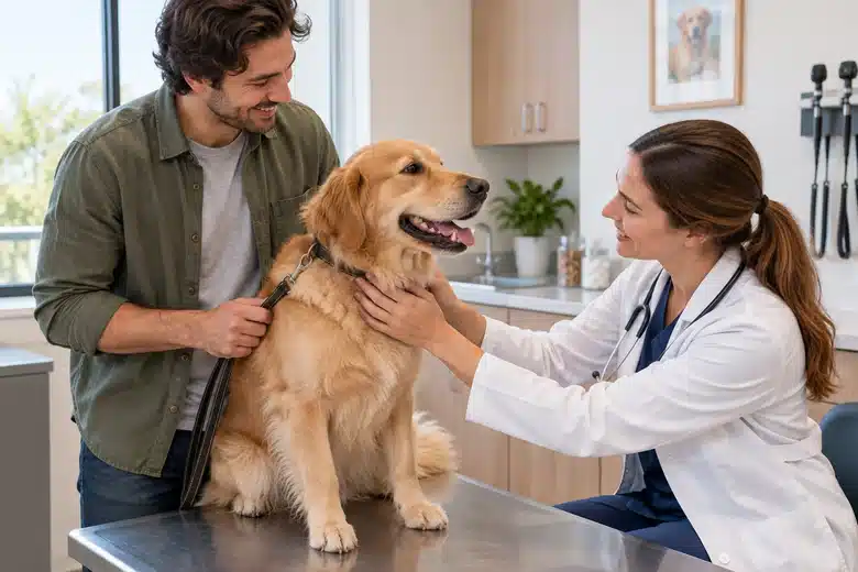 Dog owner meeting a veterinarian in an examination room