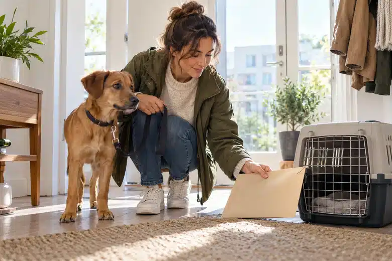 Owner gathering dog records and a carrier by an apartment entrance
