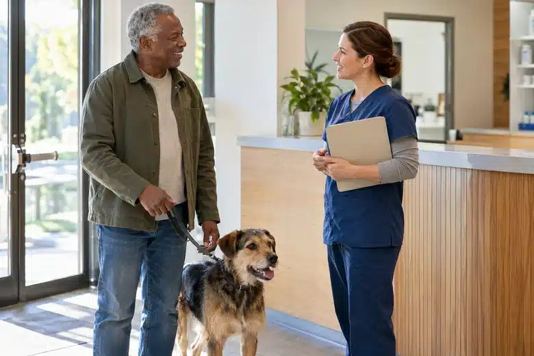 Dog owner discussing records with a veterinary nurse at a clinic doorway