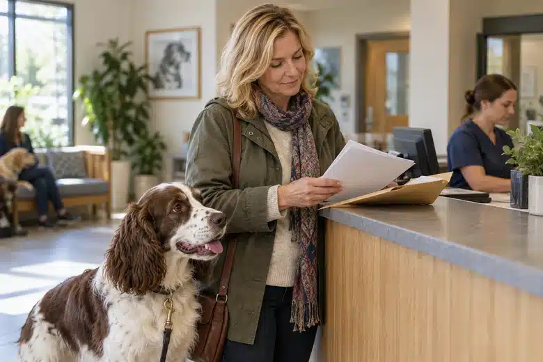 Owner sorting records with a spaniel at a veterinary reception desk