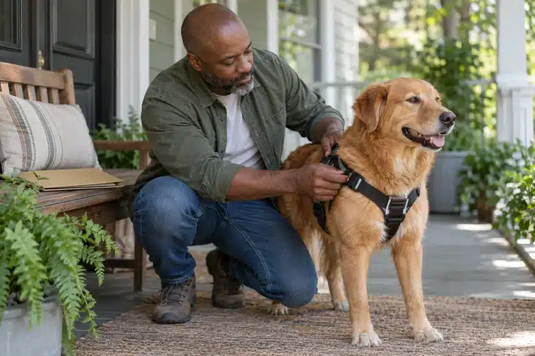 A man fitting a harness on a golden dog beside a porch bench