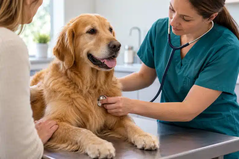 Veterinarian listening to a dog’s chest with a stethoscope