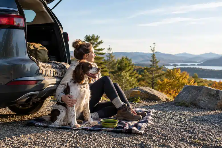 Illustrative dog travel scene: sales availability and treatment territory need separate checks.