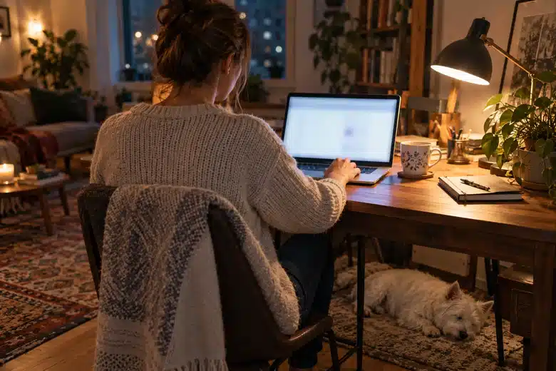 Dog sleeps under a home desk while an adult uses a laptop.
