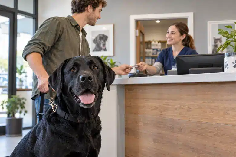 Black Labrador beside its owner at a veterinary reception counter