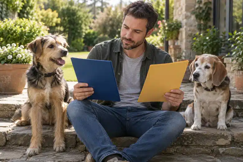 Owner outdoors with a young mixed-breed dog and an older beagle comparing plain folders