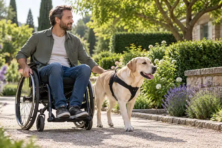 Wheelchair user and Labrador with a plain harness on an accessible garden path